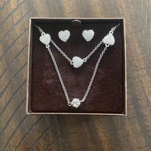 Carolee Silver toned spaced heart rhinestone necklace and earrings set